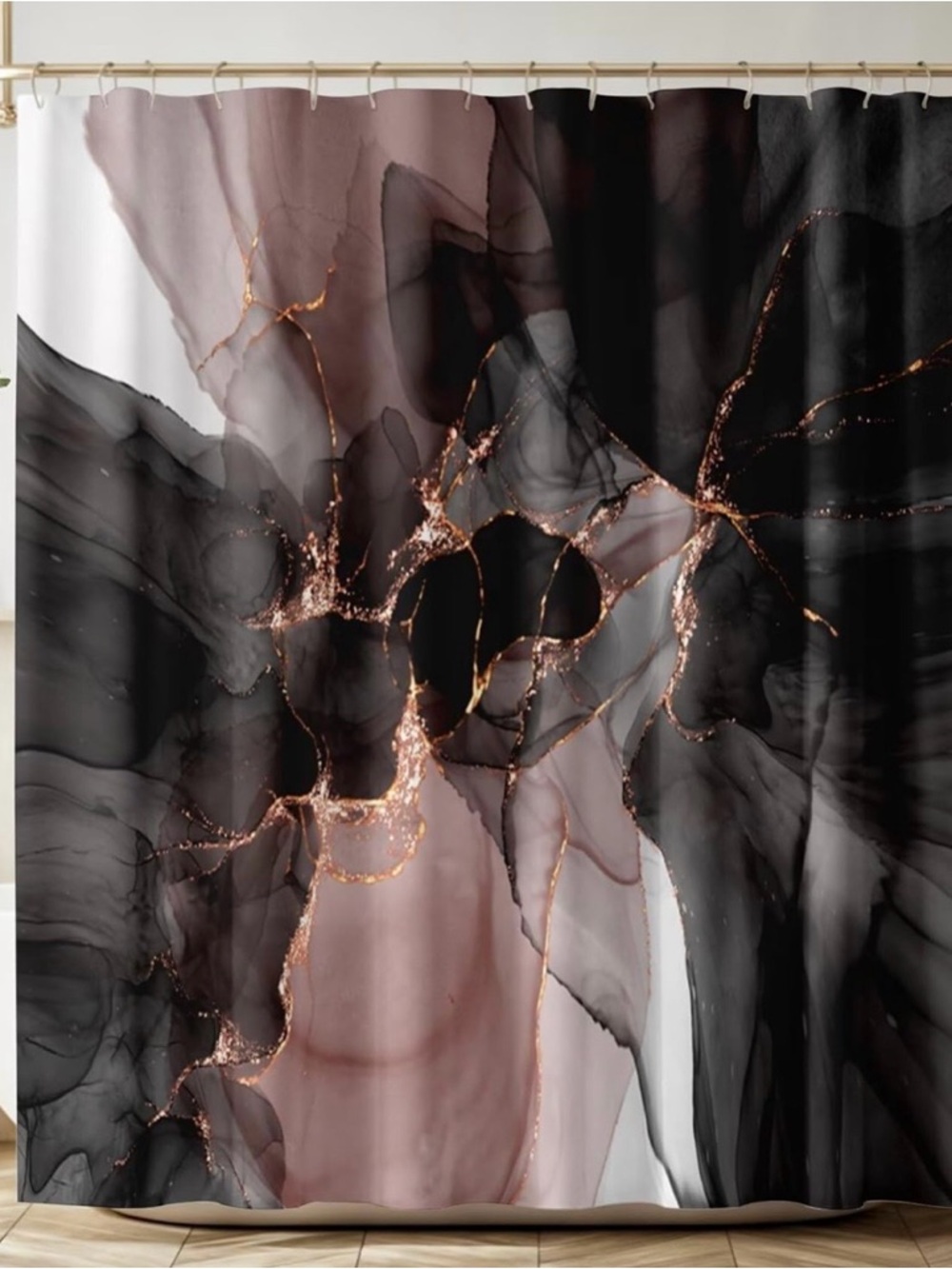 Abstract Marble Shower Curtain in Black, Blush & Rose Gold
